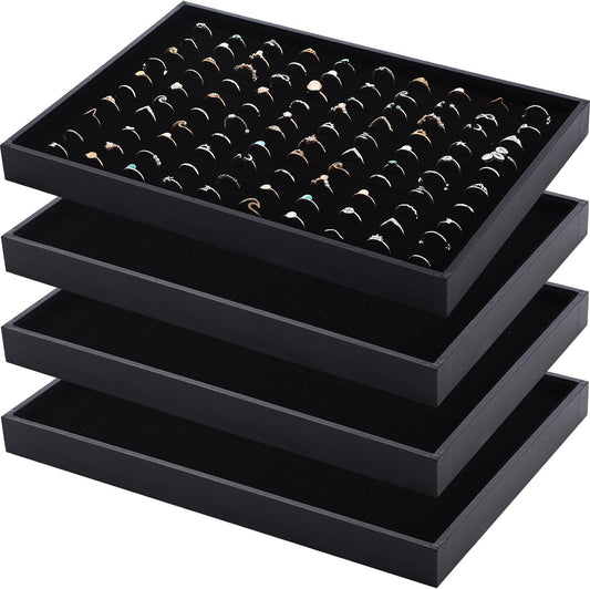 Wenqik 4 Pcs Cardboard Ring Holder with Velvet Lining, 100 Slot Inserts Stackable Ring Display Tray,13.8 x 9.4 x 1.2 inch(Black)