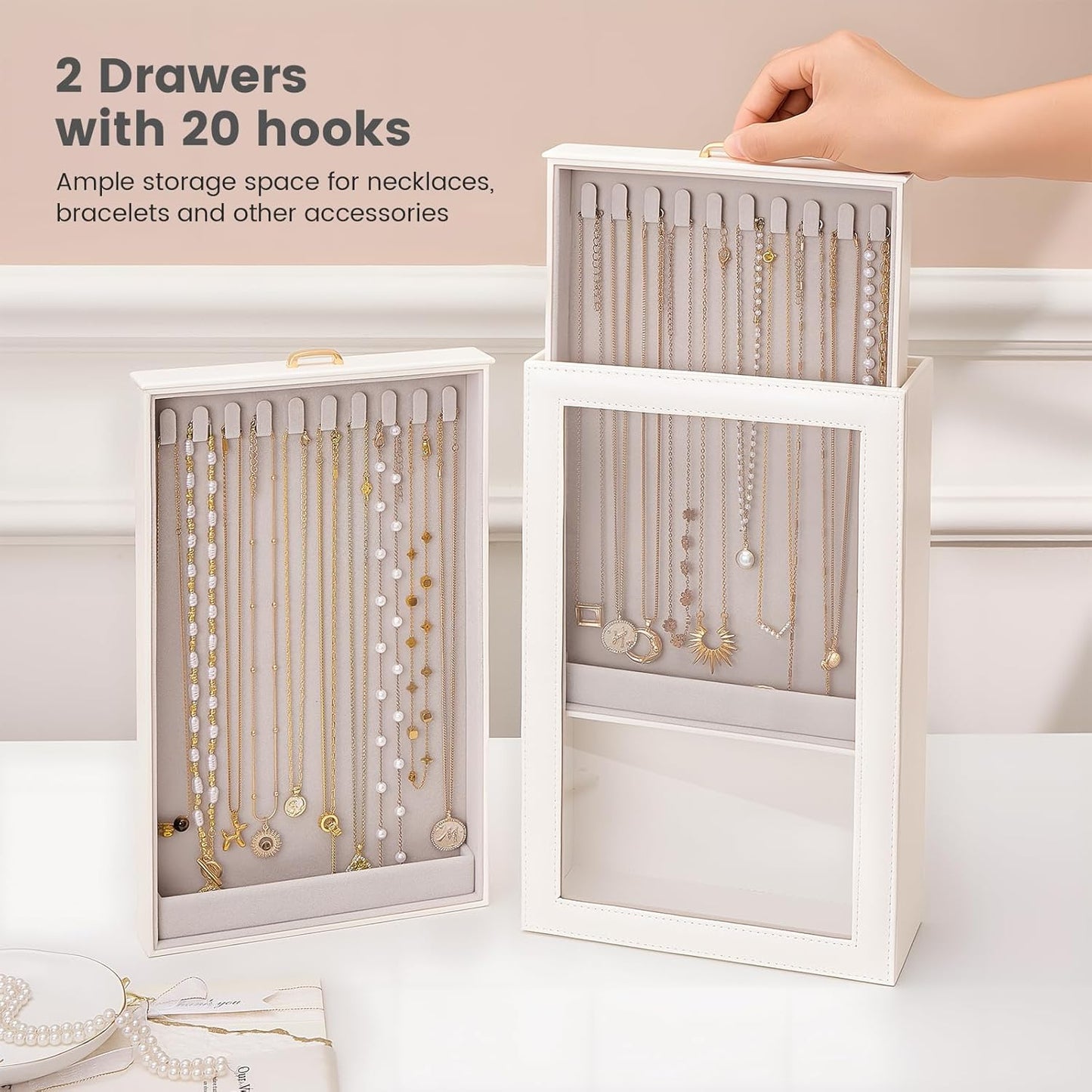 Lolalet Necklace Organizer Box, 2-Layer Jewelry Storage Boxes with Clear Lid for Necklaces, Tangle-Free Necklace Display Case for Women Girls -White