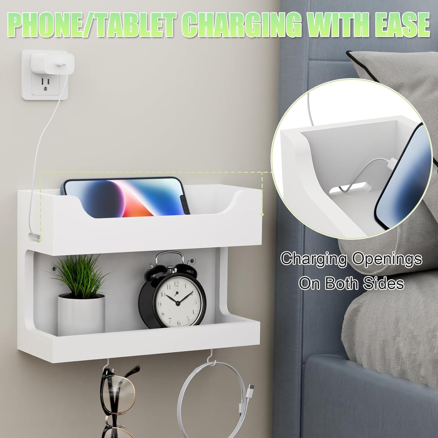 NiHome Wall Mounted Wooden Bedside Accessories Organizer, Double Tray Bedside Storage Shelf Rack with Magnetic Hooks, Bedroom Dorm RV Wall Caddy Holder for Phone Glasses Alarm Clock Remote (White)