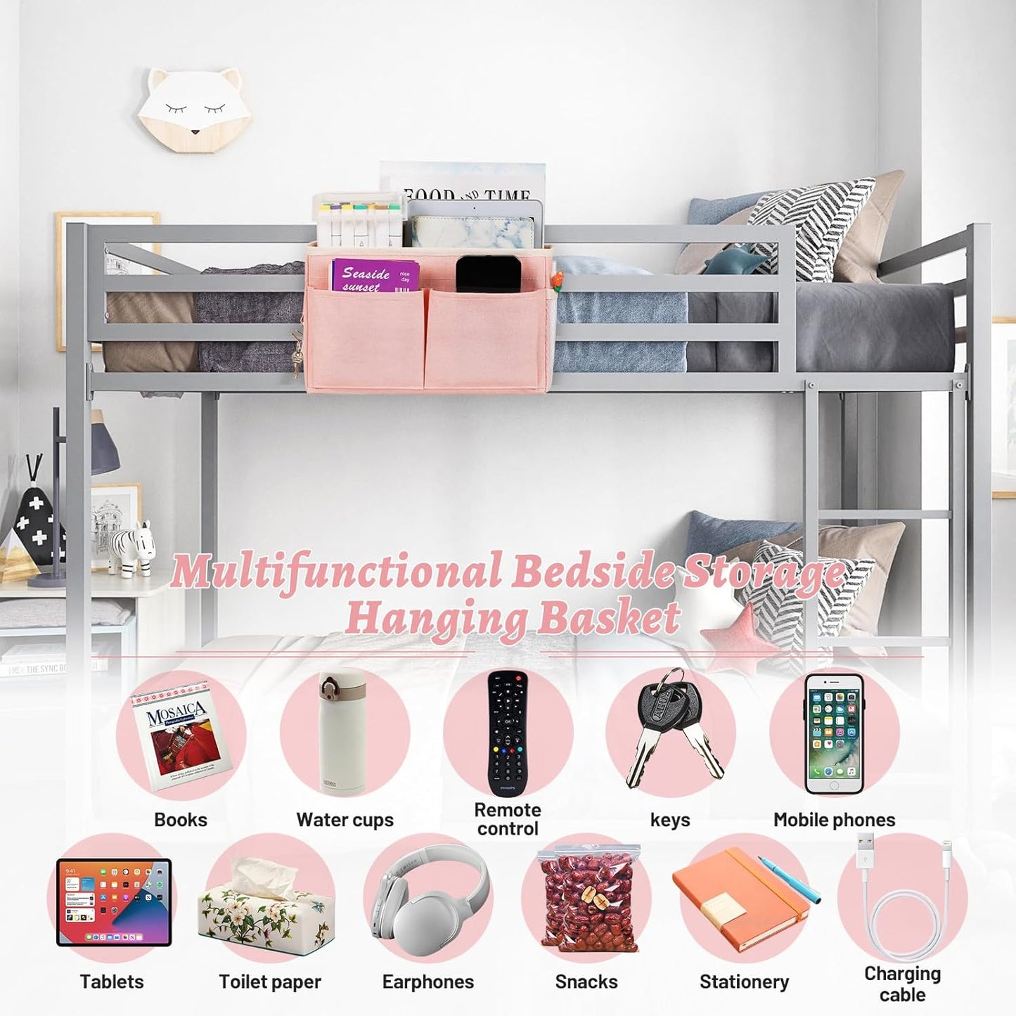 Bedside Caddy Hanging Storage with Water Bottle Holder for Bunk Bed Hospital Bed Dorm Rooms (Pink)