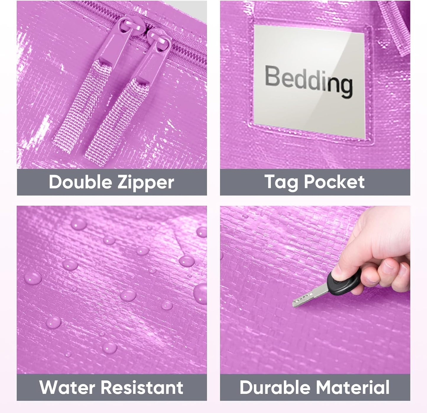 TICONN 4 Pack Extra Large Moving Bags with Zippers & Carrying Handles, Heavy-Duty Storage Tote Moving Boxes for Space Saving (4 Pack, Pink)