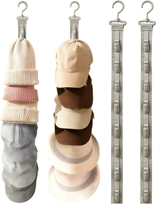 Over the Door Hat Rack - 8 Rotatable Clips Cap Organizer, Foldable Hanging Storage Holds Up to 8 Hats, Space-Saving for Baseball Caps, Closet, Bedroom, Door (Khaki,2-Pack)