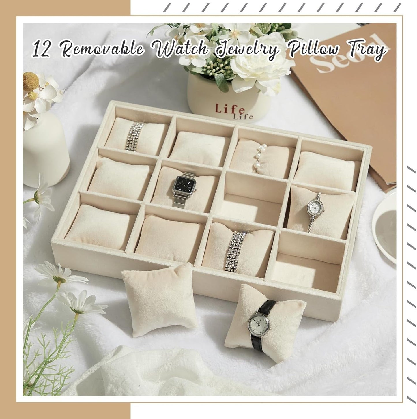 Henoyso 2 Pieces 12 Grid Velvet Watch Tray Jewelry Organizer Stackable Watch Bracelet Bangle Display Holder Adjustable Pillow(Beige)