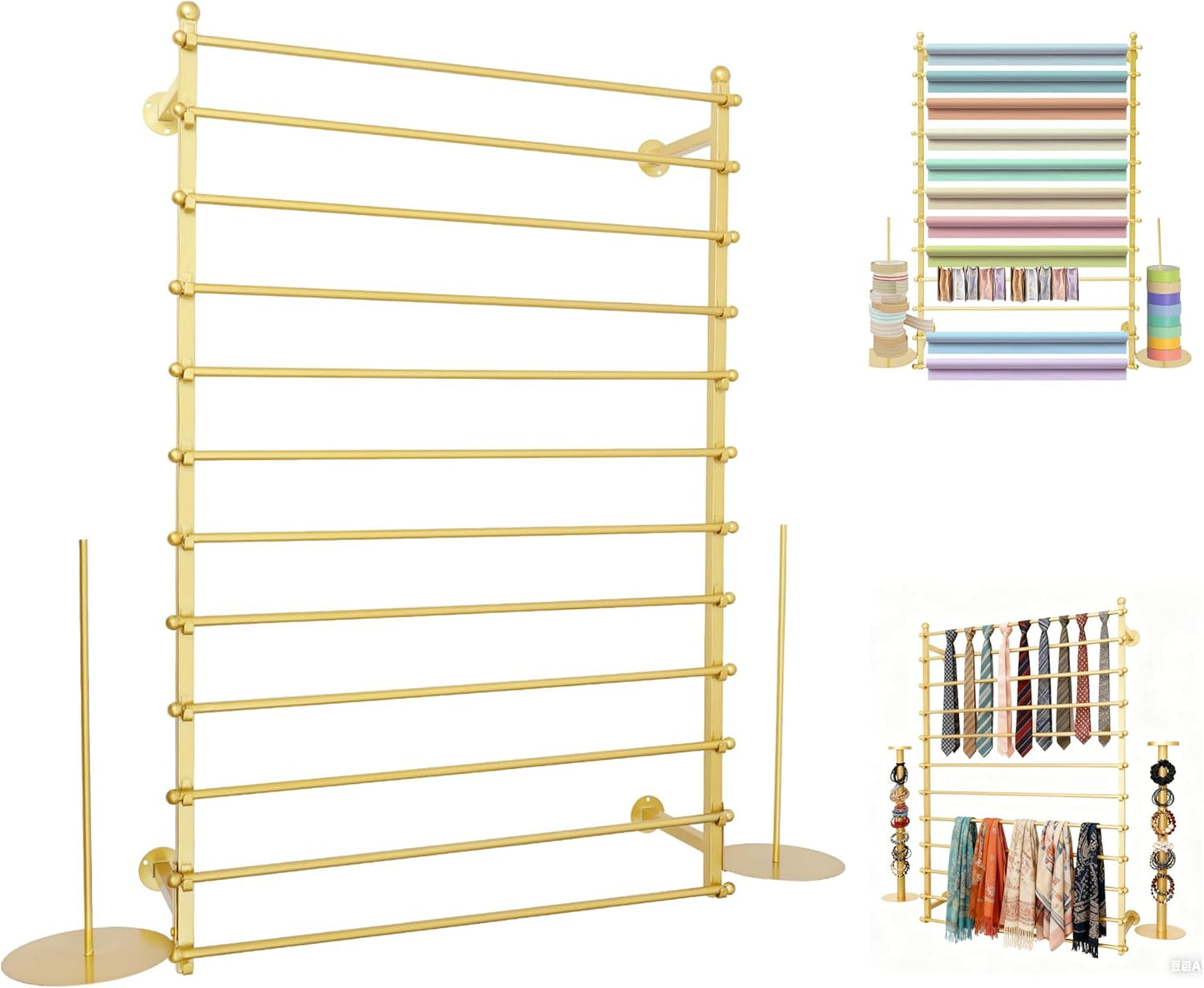 12 Layers Gold Wall Display Stand Wrapping Paper Ribbon Organizer Tie Scarf Rack Belt Towel Holder Spool Hijab Stand Metal Shelving for Home, Retail Stores, Flower Shop, Studio, Sewing-80cm
