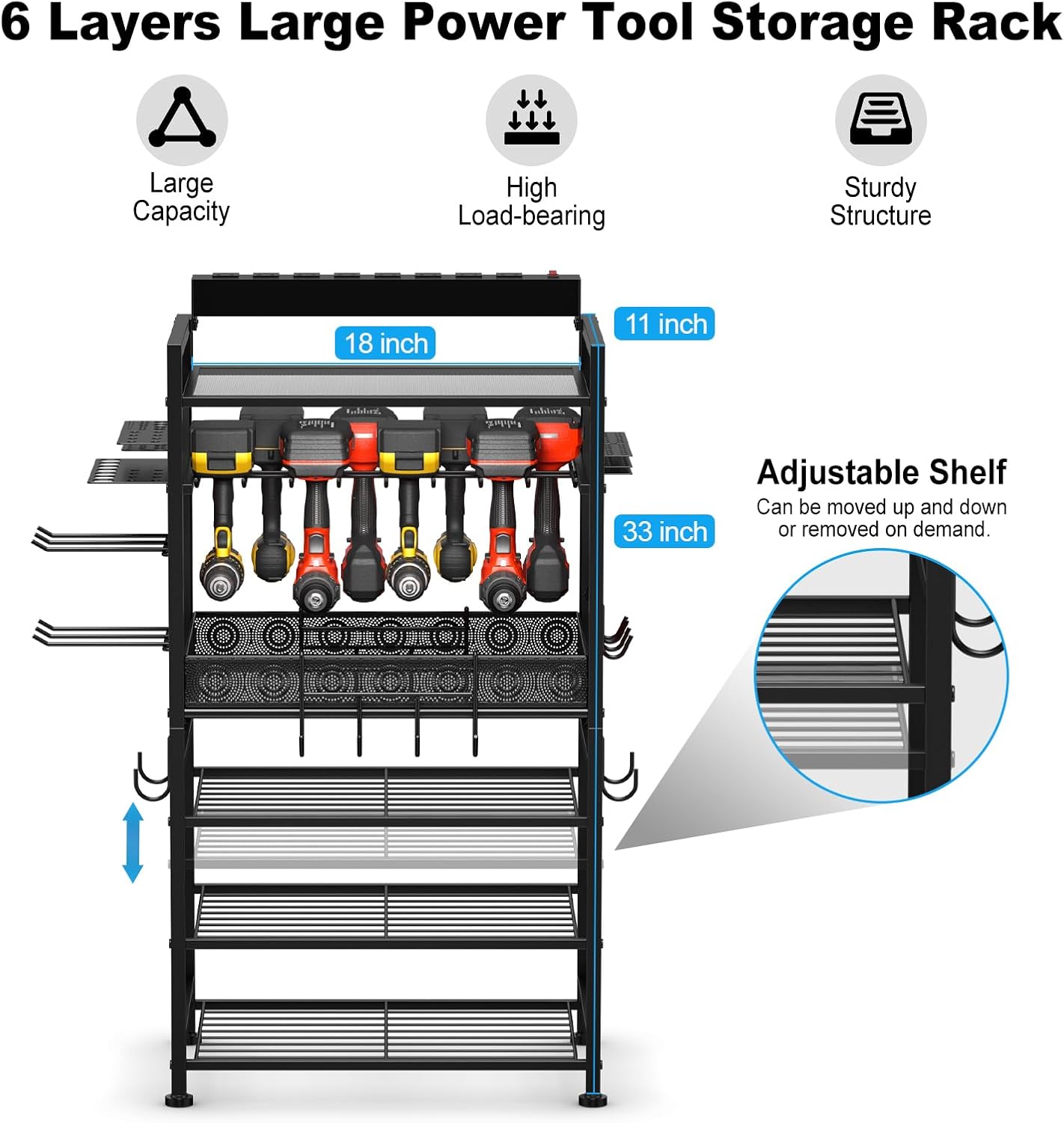 JUNNUJ Power Tool Organizer Floor Stand with Charging Station, Garage Adjustable Storage Rack Utility Tool Shelf with 8 Outlet Power Strip, Heavy Duty Drill and Battery Holder, Yellow
