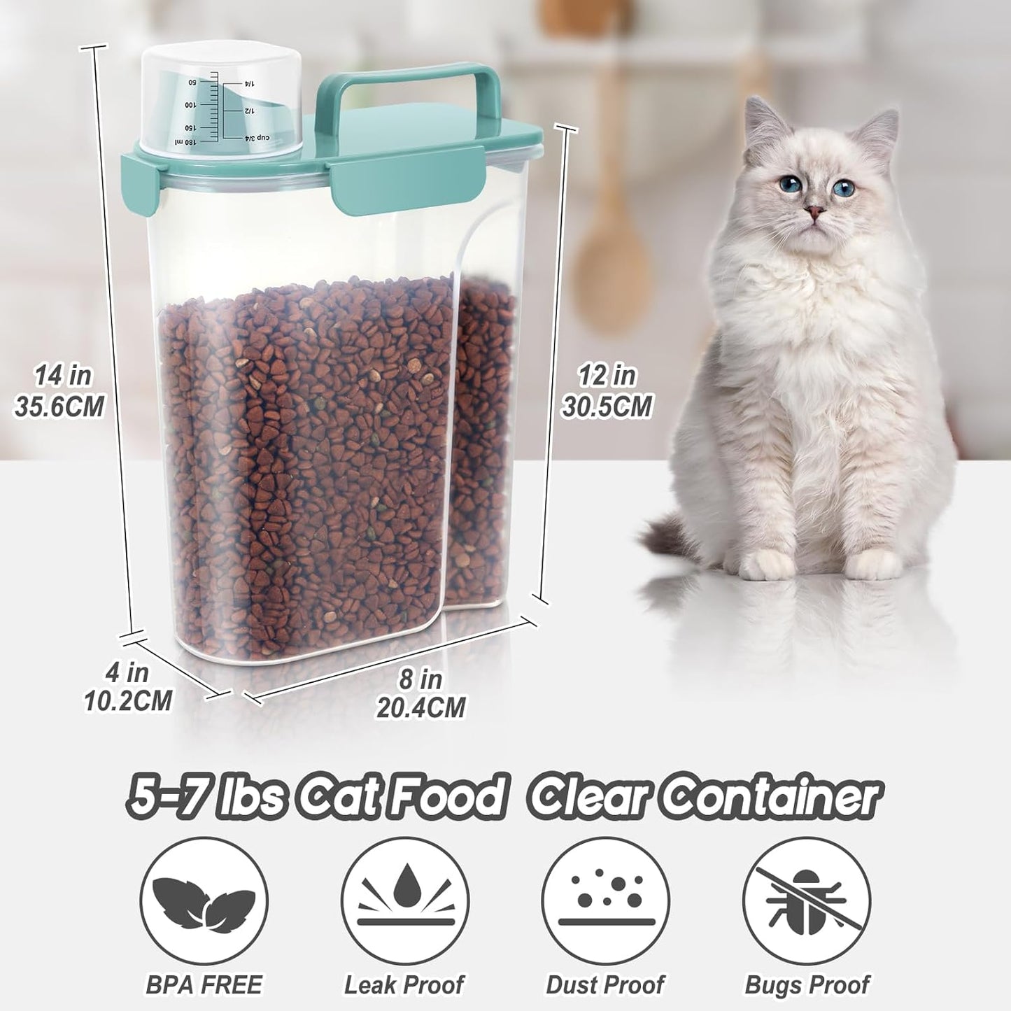 5-7Lbs Dog Cat Food Storage Container with Upgraded Large Nozzle BPA-free, 4 Snap Seals Plastic Pet Food Storage Containers with Handles (Elegant Blue, 5L-2pack)