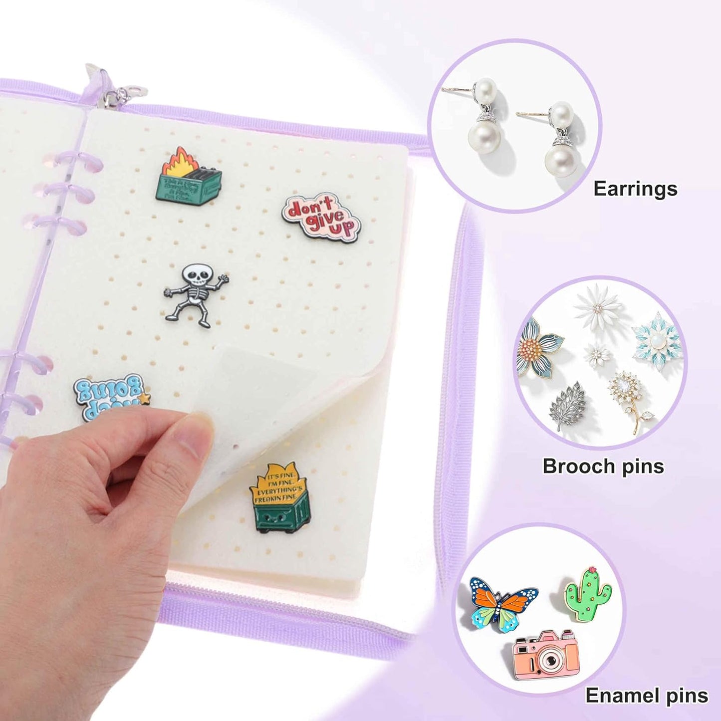 CAPASTEC Pin Bag, Portable Pin Display Book, Ideal for Pins, Brooches Storage, Purple White