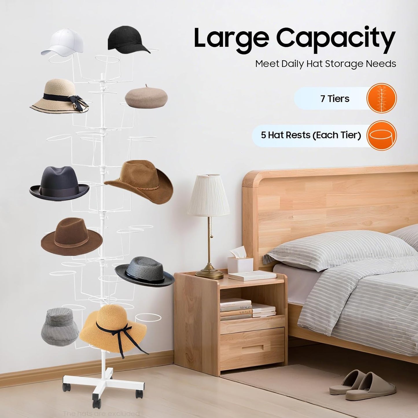 7-Tier Freestanding Hat Rack, 35 Hooks Rotating Hat Display Stand with Wheels, White Metal Hat Holder Organizer for Retail Stores, Home, Hotels Use