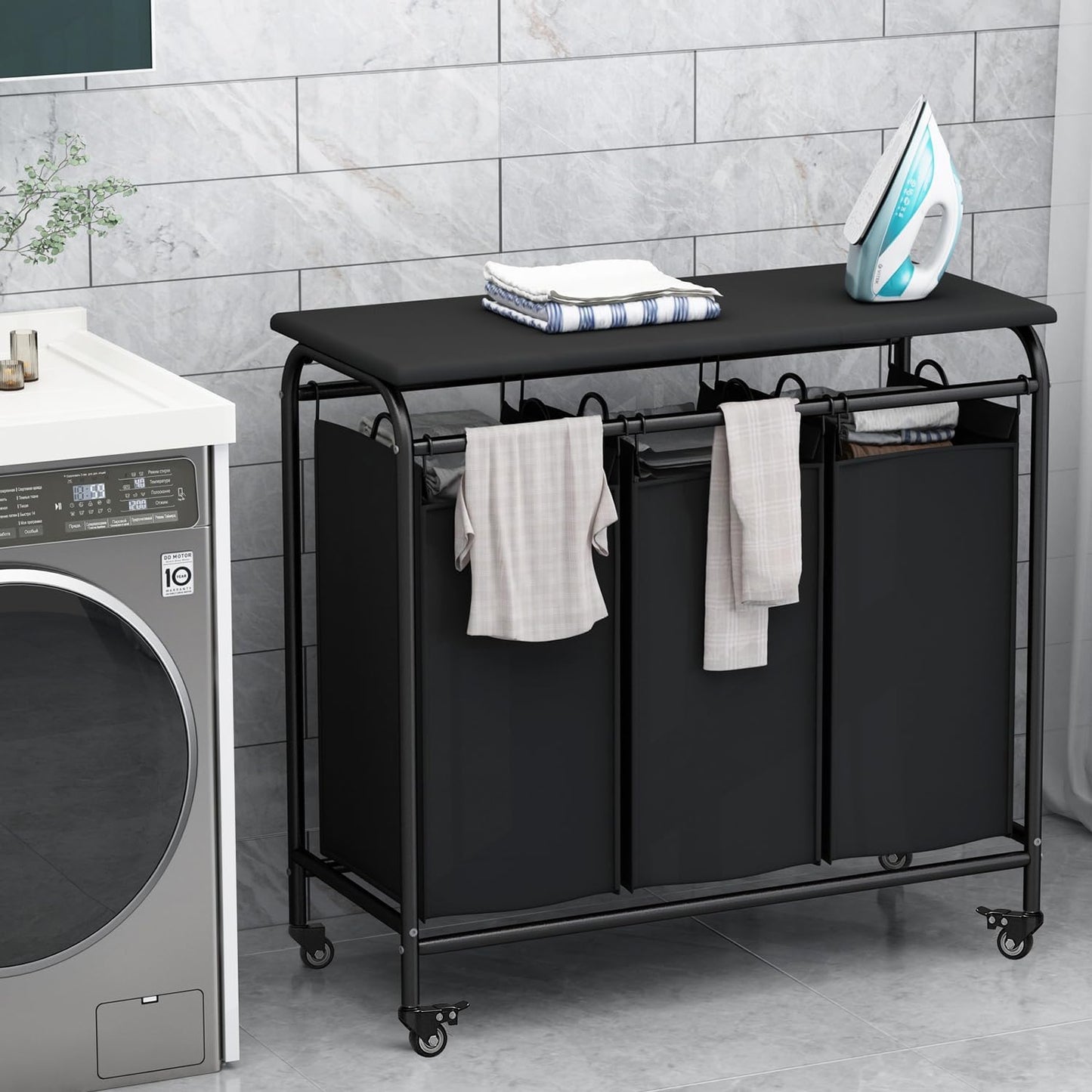LINZINAR 3 Bag Laundry Basket Sorter Heavy Duty Rolling Lockable Wheels Laundry Hamper Cart with Ironing Board and Removable Bags, Black