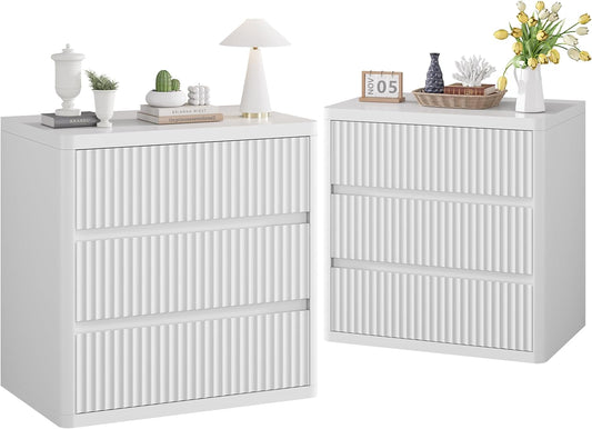 White Nightstand Set of 2, 3 Drawers Night Stand Set, Mid Century Modern Bed Side Table, Large Fluted End Table for Bedroom Living Room Sofa Couch Home Office, Bedside Table with Storage, 24.8” Wide