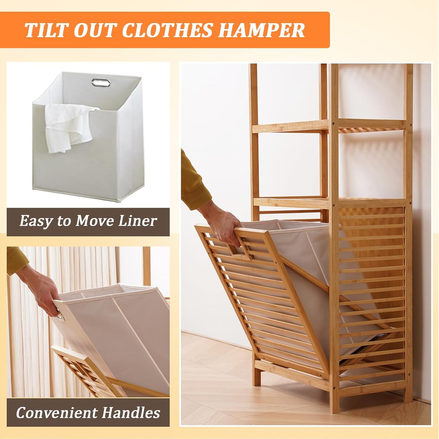 Bamboo Laundry Hamper with 3 Tier Shelves & Tilt Out Basket, Laundry Baskets Organizer Hampers Bathroom Storage Shelf for Laundry Room, Bathroom, Guest Room（3-Tier, Large）