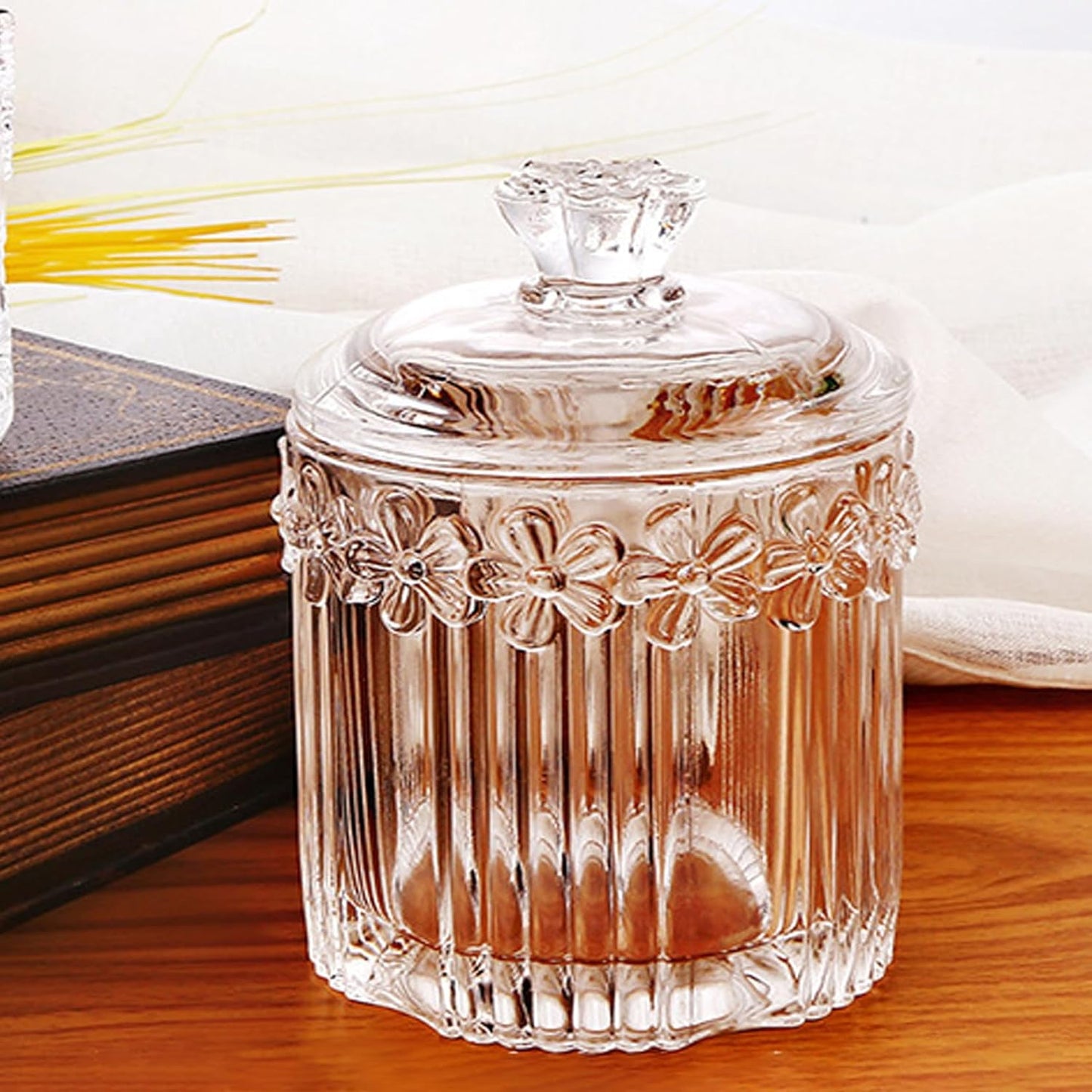 Qtip Cotton Ball Hair Ties Candy Holder Makeup Storage Bathroom Accessories Organizer Thick Glass Apothecary Jars with Lid, 2pcs (Clear)