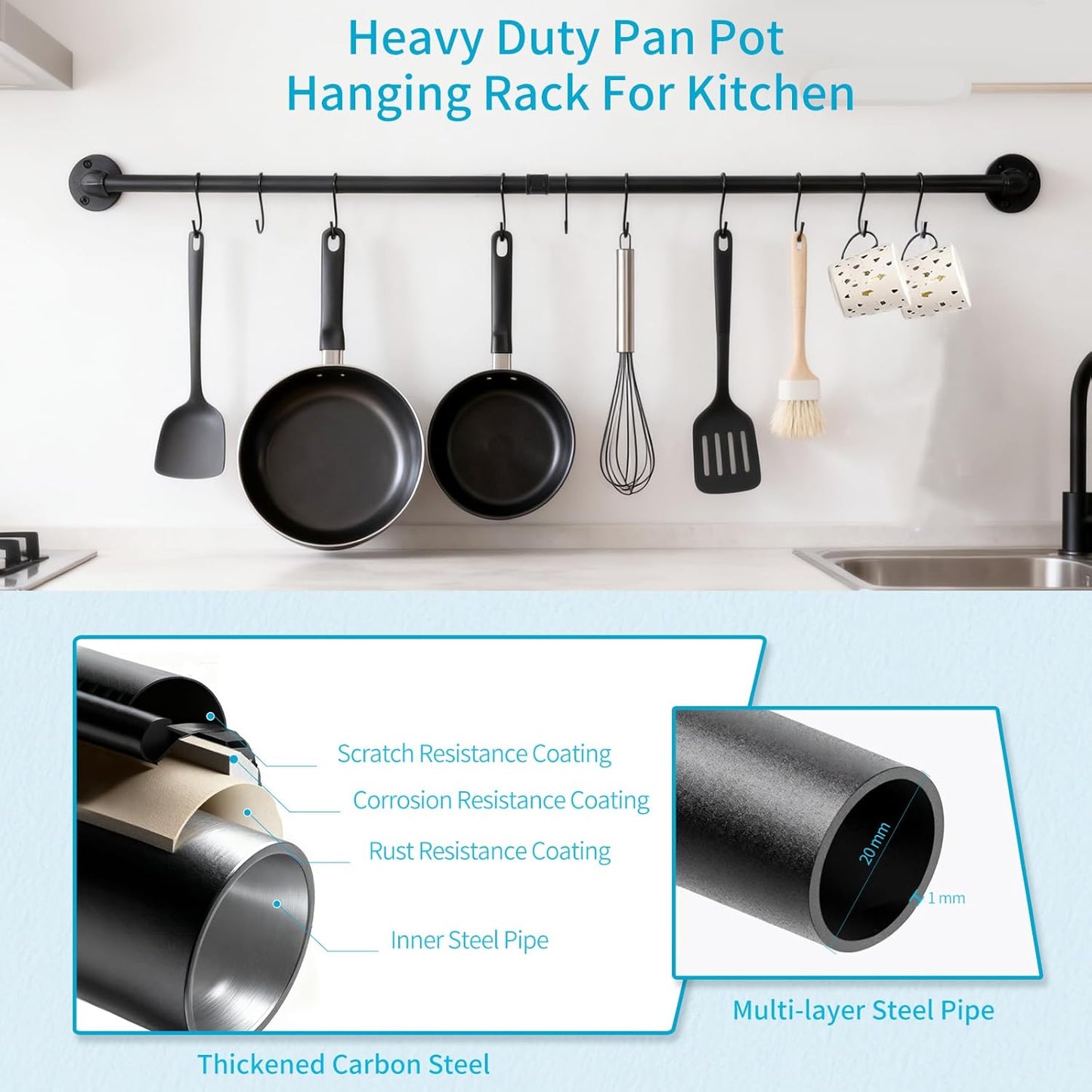 Pan Pot Lid Utensil Hanger Rack For Kitchen Organizer Wall Mounted Industrial Pipe Hanging Kitchen Storage Rack Pots Lids Pans Utensils Mugs Wall Holder With 10 Hooks