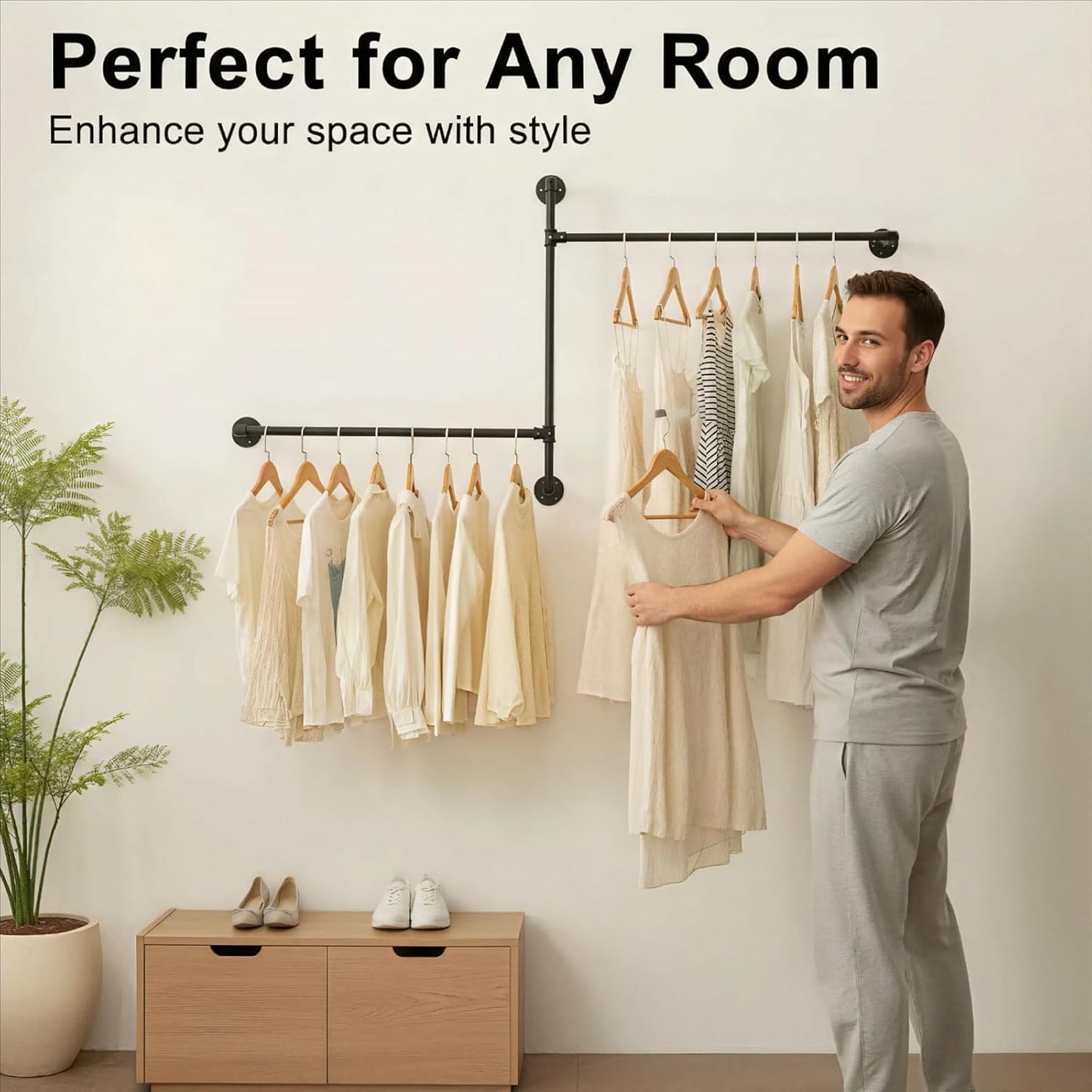 Industrial Pipe Clothing Rack Wall Garment Rack with Pipe Clothes Rails, Multi-Purpose Heavy Duty Clothing Hanging Rods Space-Saving Clothes Bar Organizer Closet (wall clothing rack-2 hanging rods)