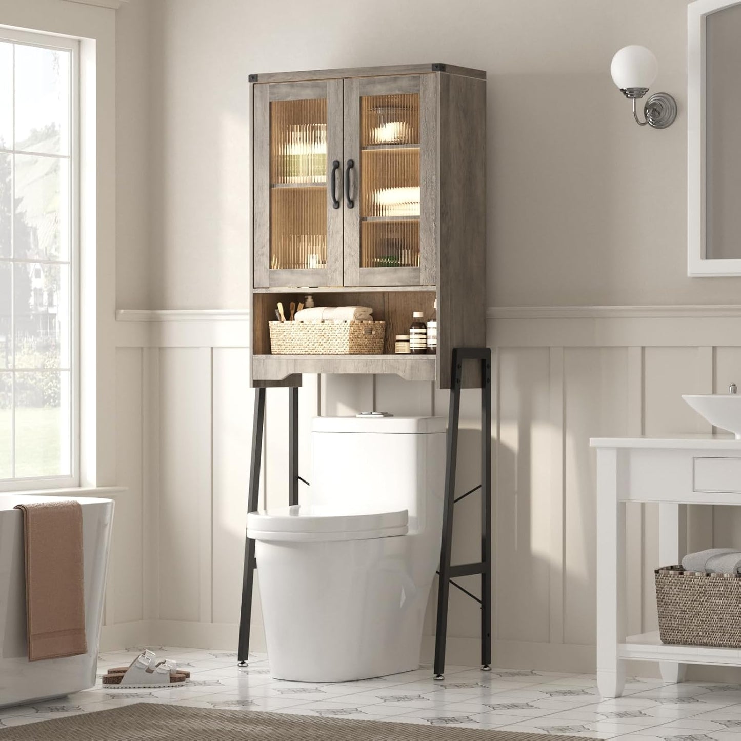 Over The Toilet Storage Cabinet with Tempered Glass Doors and Adjustable Shelf, Bathroom Organizer with Metal Stand Space Saver Over Toilet , Modern Toilet Rack for Bathroom, Restroom, Laundry, Grey