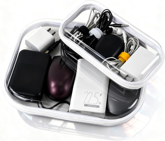 2 PCS Clear Electronics Organizer Travel Case, Waterproof Cable Storage Box with 8 Wire Ties, Hard Shell Zipper Cases for Cord, Phone, Airpods, Mouse, Toiletry Pouch, Cosmetic Bag, Medium & Small
