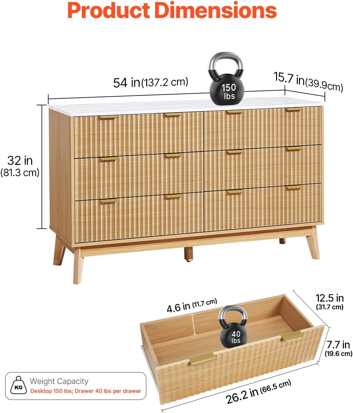 VEVOR Fluted 6 Drawer Dresser, 54" Wide Chest of Drawers with Faux Marble Top, Modern Dresser TV Stand, Wooden Closet Clothes Storage Organizer for Bedroom, Living Room, Hallway, Entryway, Natural Oak