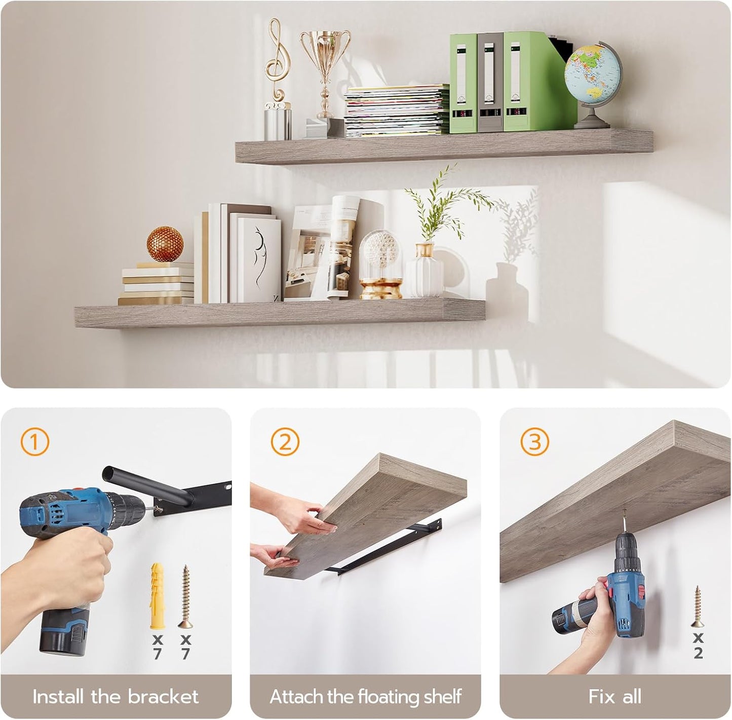 HOOBRO Floating Shelves for Wall, Wall Mounted Shelf Set of 2, 23.6" Hanging Shelf with Invisible Brackets, for Wall in Bathroom, Bedroom, Toilet, Kitchen, Living Room, Office, Greige BG60BJ01G1