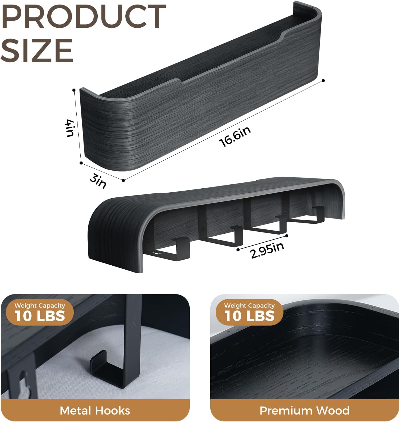 Wall Coat Rack Floating Shelves Modern Coat Rack Wall Mount with Storage Entryway Shelf Wooden Hanger 20 Inch 4 Hidden Metal Hooks for Living Room Bedroom (Black, 4 Hooks)