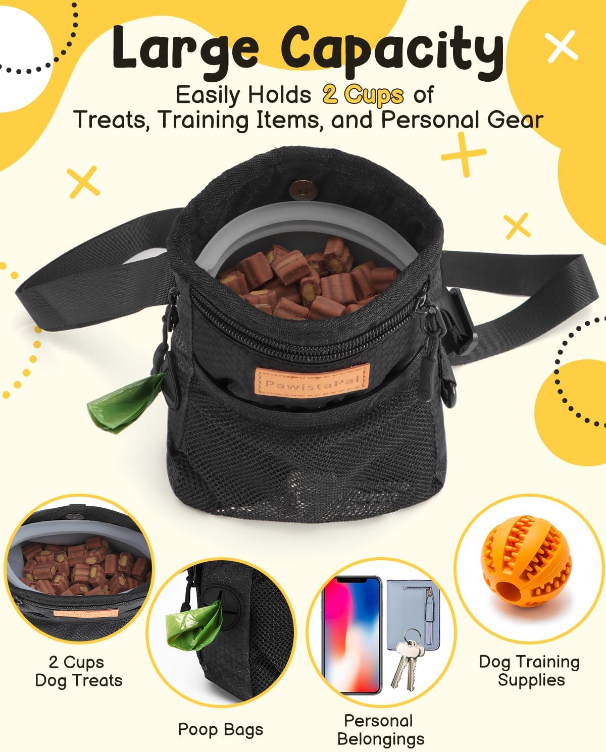 Dog Treat Pouch for Pet Training, 2-Cup Puppy Treat Holder with Silicone Liner, Magnetic Training Bag for Trainers