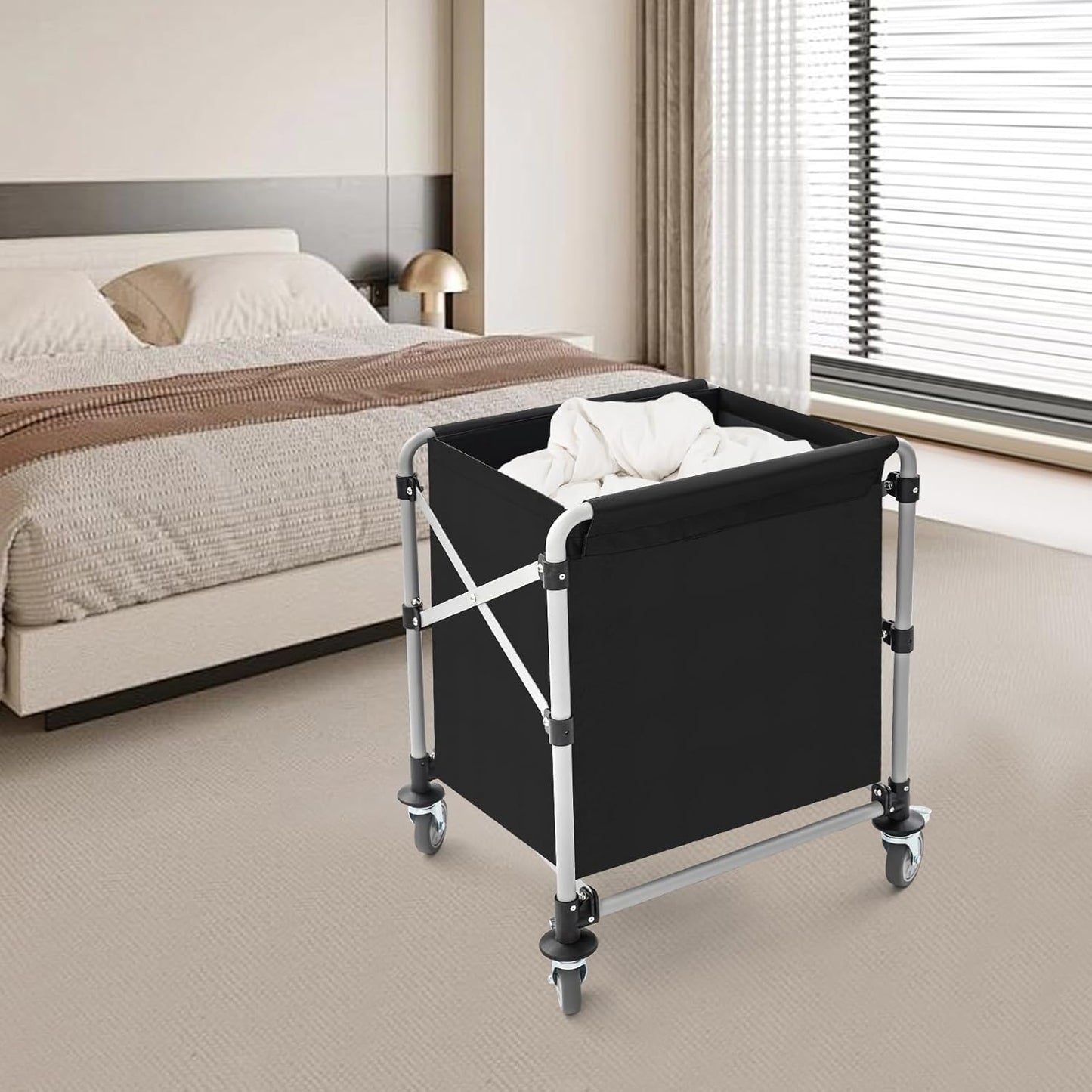 Commercial Laundry Cart with Wheels,Folding Laundry Hamper Cart,Heavy Duty Rolling Laundry Basket with Large Capacity,Laundry Sorter Trolley for Home Hotel Apartment (Black, 23.62 * 19.69 * 23.62in)