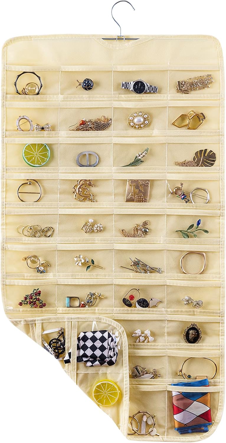 Bloss Hanging Jewelry Organizer 80 Pockets Hanging Double-Side Jewel Hanger For Jewelry Earring Storage, Jewelry Organizers and Storage for Wall, Door, Travel-Beige