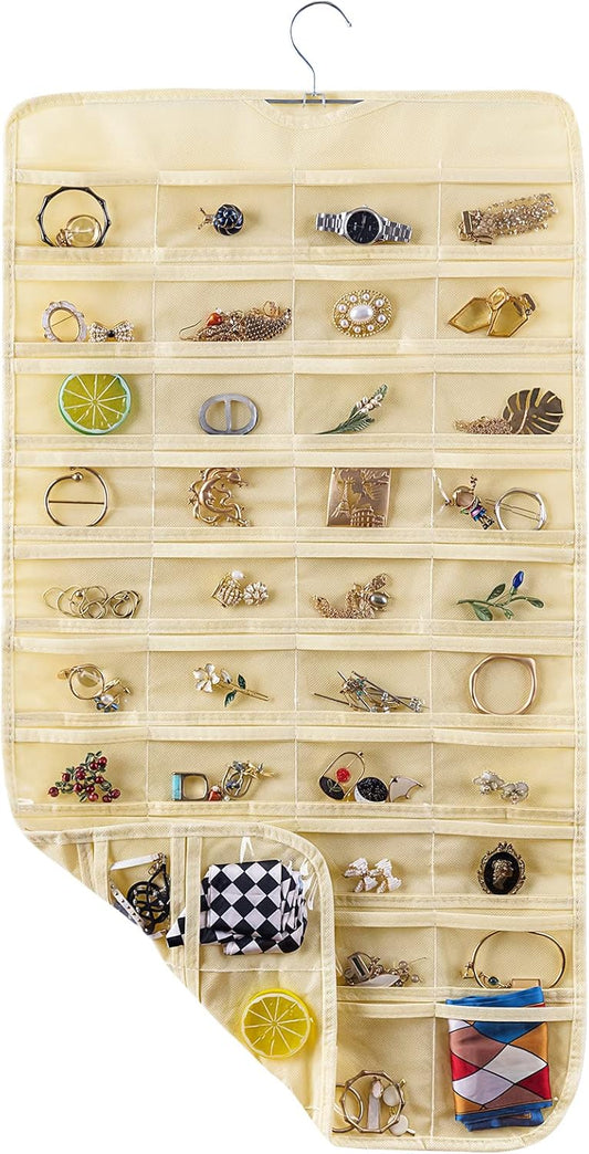 Bloss Hanging Jewelry Organizer 80 Pockets Hanging Double-Side Jewel Hanger For Jewelry Earring Storage, Jewelry Organizers and Storage for Wall, Door, Travel-Beige