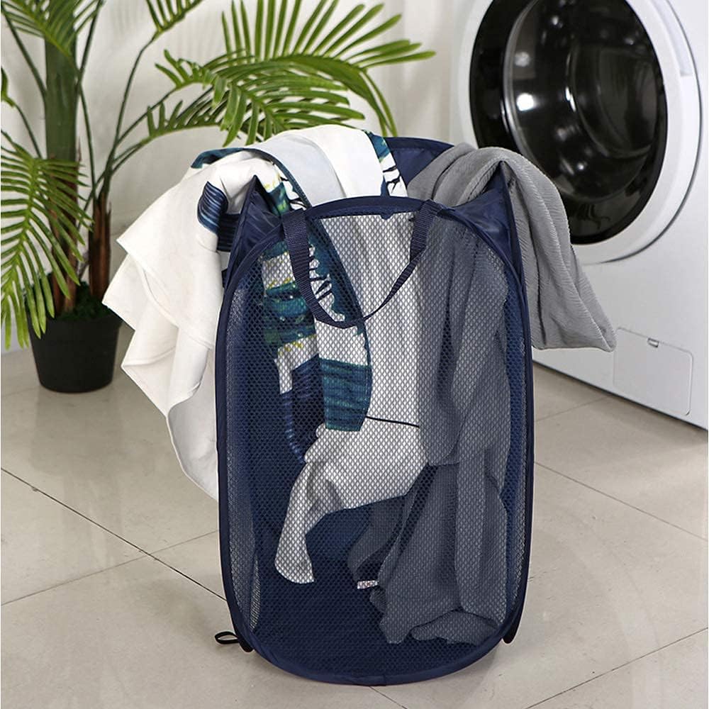 Larpur Popup Mesh Laundry Basket, Collapsible Clothes Washing Laundry Hamper with Reinforced Carry Handles, Portable Foldable Dirty Clothes Hamper for Home Dorm Cruise Travel (Blue)