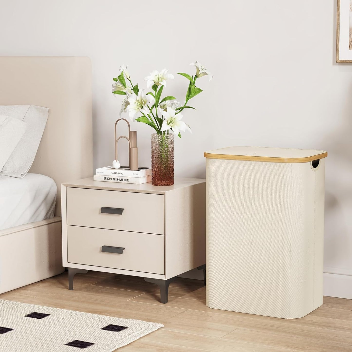 Lifewit 80L Laundry Basket with Lid, Clothes Hampers with Bamboo Handles and A Removable Laundry Bag, Large Foldable Hamper for Bedroom, Bathroom, Dorm, LaundryRoom, White