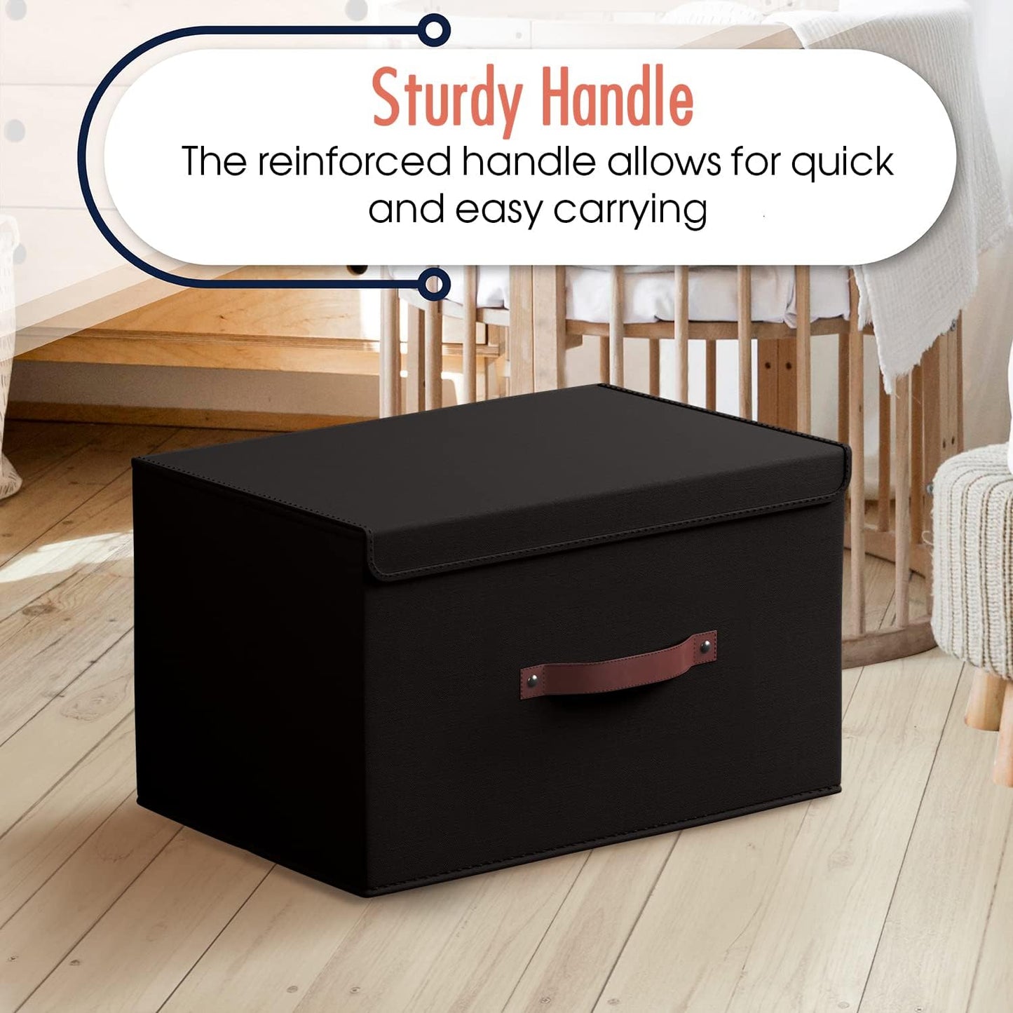 Ornavo Home 3 Pack Collapsible Storage Bins with Lid, Foldable Linen Fabric Shelf Storage Basket Closet Organizer and Large Storage Box for Clothes with Leather Handles, 16.5 x 11.8 x 7.5, Black