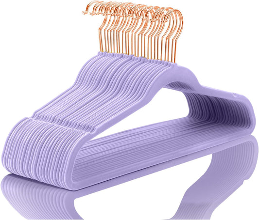 MIZGI Premium Velvet Hangers (60 Pack) Heavy Duty - Non Slip Felt Hangers - Velvet Suit Hanger Light Purple - Rose Gold Hooks,Space Saving Clothes Hanger