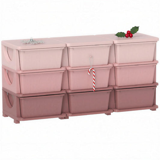 Qaba 3 Tier Kids Storage Unit, 9 Drawer Chest Toy Organizer Plastic Bins for Kids Bedroom Nursery Kindergarten Living Room for Boys Girls Toddlers, Pink