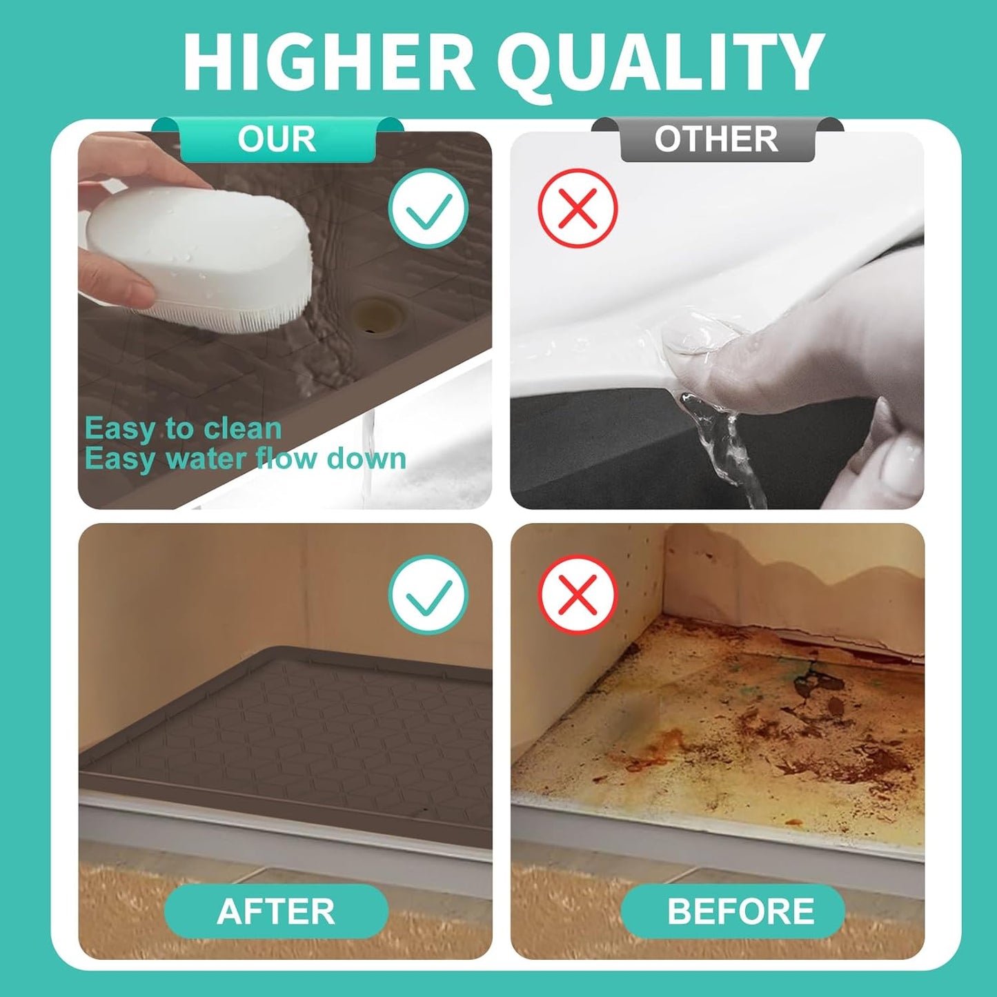 Under Sink Mat for Kitchen, Silicone Waterproof Liner with Drain Hole, Flexible Cabinet Organizer Tray, Holds Up to 3.3 Gallons, Easy to Clean (Brown, 34x22)