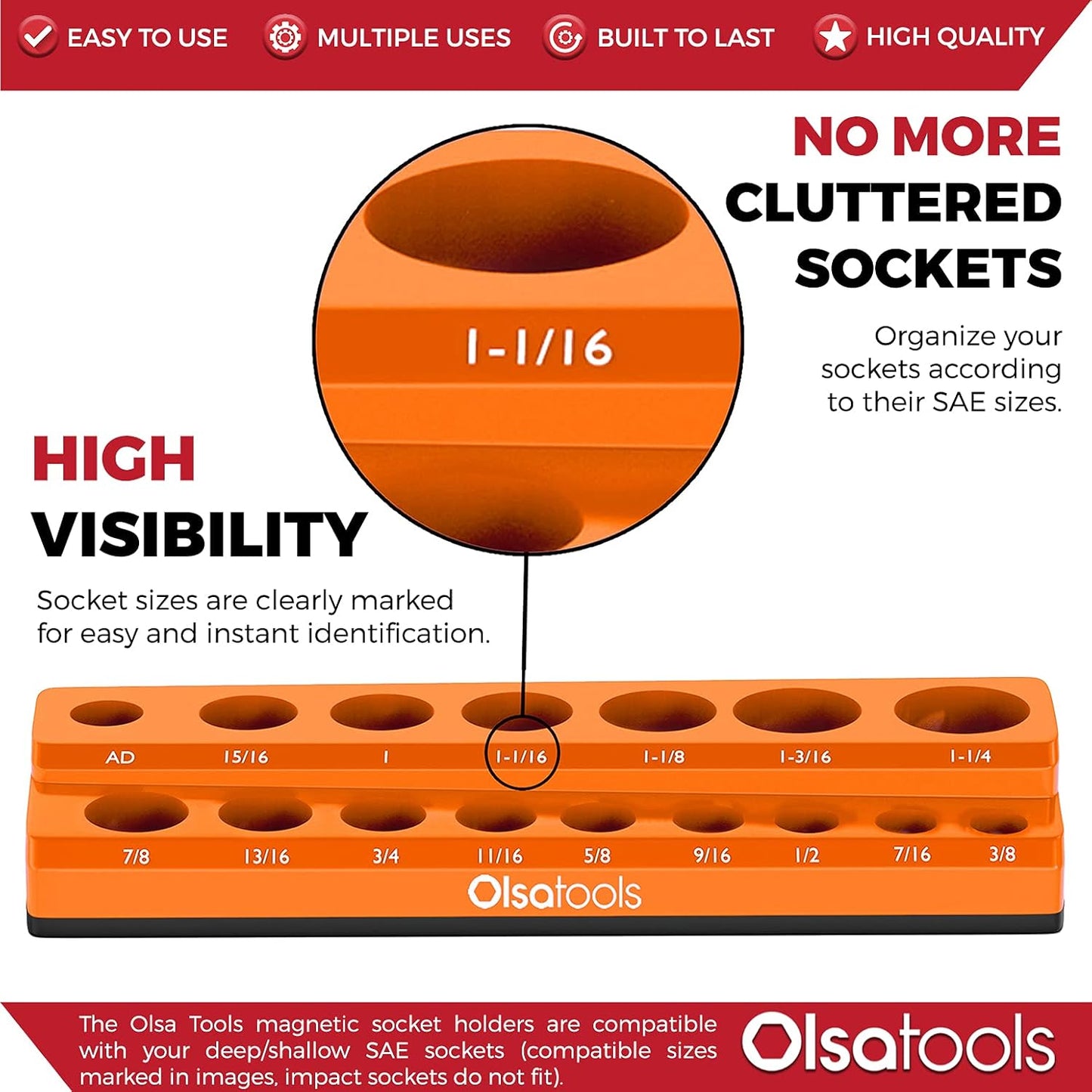 Olsa Tools Magnetic Socket Organizer | 1/2-inch Drive | SAE | Orange | Holds 16 Sockets | Professional Quality Tools Organizer