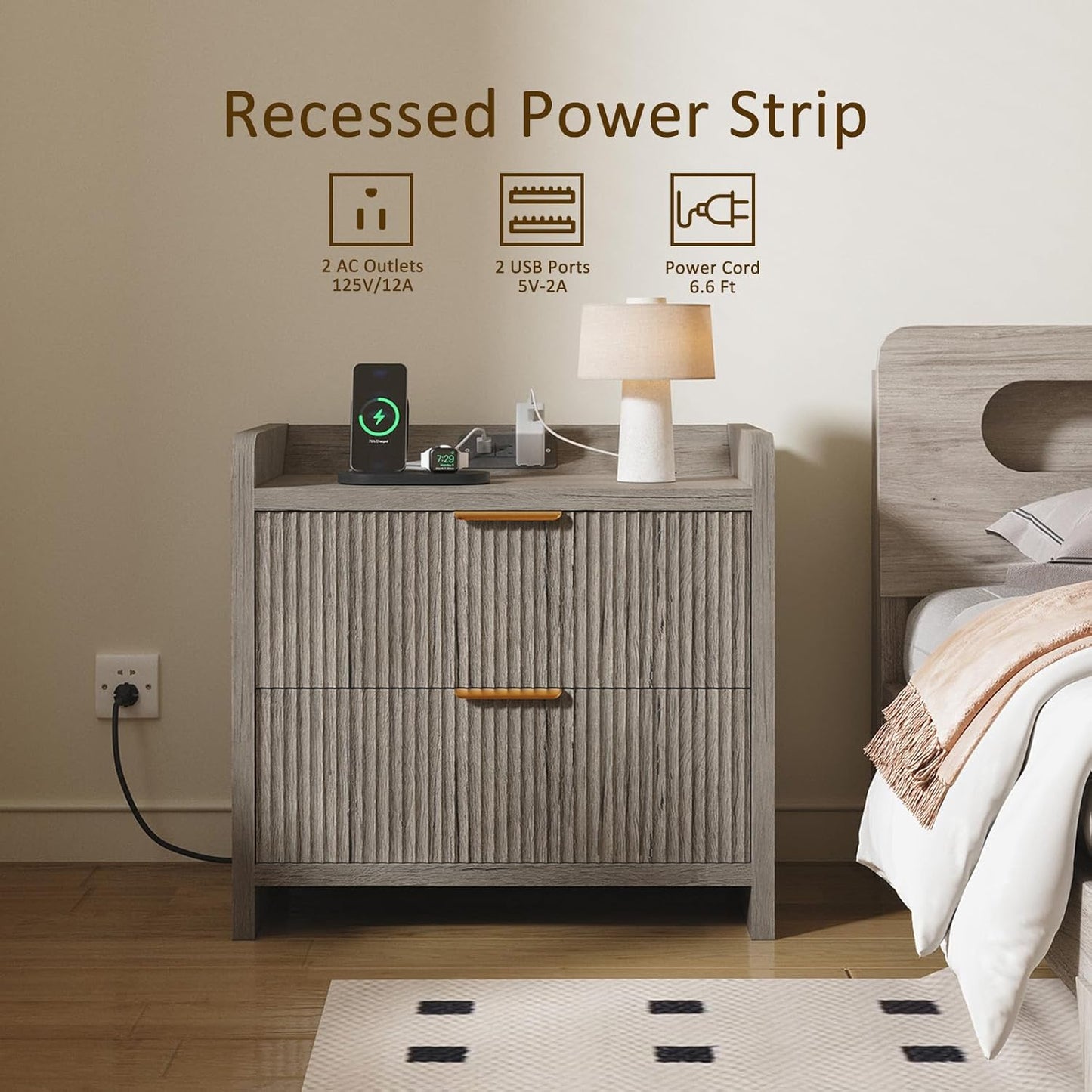 Fluted Nightstand Set of 2, 23.6" Modern Night Stand with Charging Station, Bedside Table with 2 Drawers, Modern Wood Night Stand Set 2 for Bedroom, Living Room, Grey