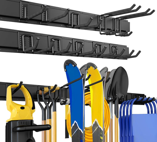 64 Inches Garage Storage, UUP Garage Organization Wall Mount Garden Tool Organizer, 620lbs Adjustable Metal Hooks, Yard Shed Rail Rack, Lawn Tool Holder for Hanging Rake Broom Mop Snowboard, Home Gift
