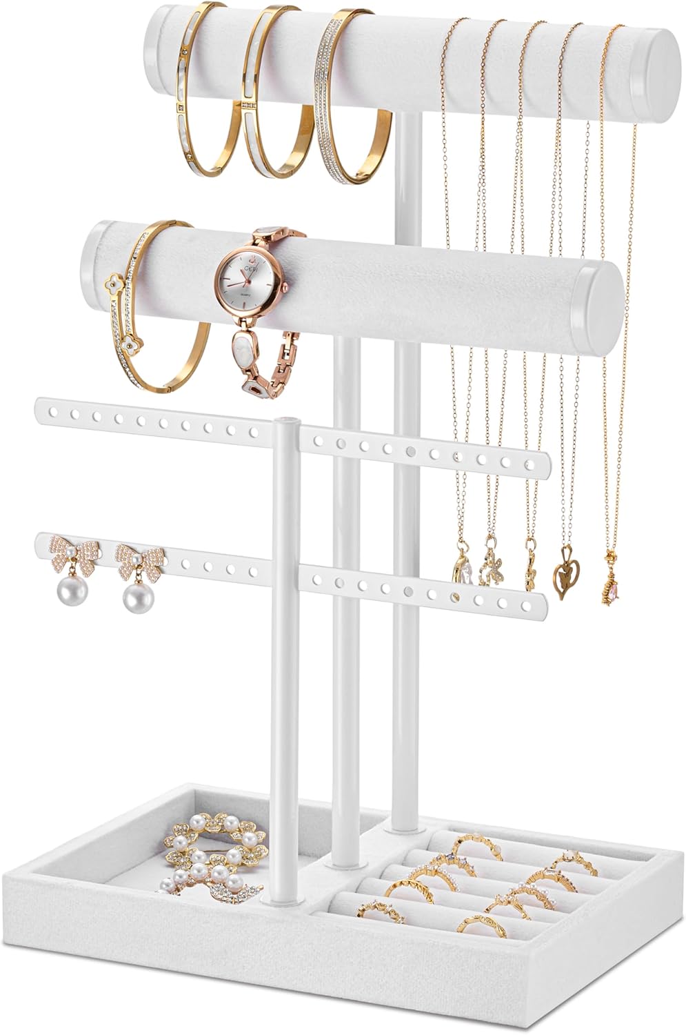 3 Tier Bracelet Holder Display - Detachable T Bar Pure White Velvet Bracelet Holder, Jewelry Holder Organizer for Bracelet, Necklace, Earrings, Rings