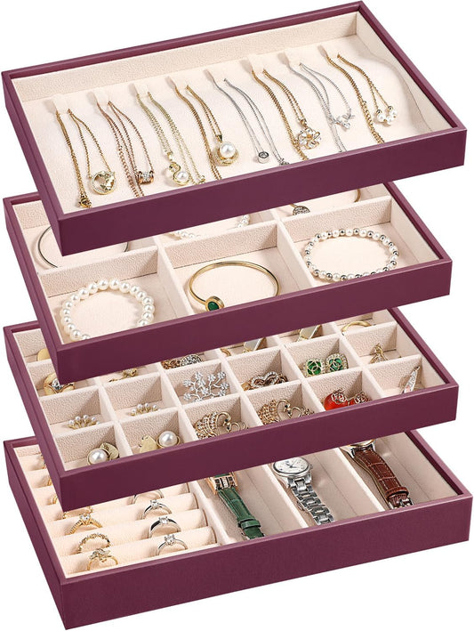 LANDICI Stackable Jewelry Organizer Trays 4 Set,PU Leather Jewelry Organizer Drawer,Jewelry Storage Display Tray for Earring Necklace Rings Bracelet with Removable Dividers,Purple