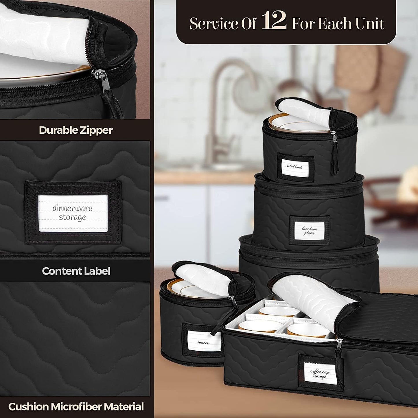 China Storage Containers 5-Piece Set Moving Boxes for Dinnerware, Glasses, Plates, Mugs and Saucers Sturdy Quilted Microfiber Dish Organizer with Dividers for Seasonal Storage - Holds Set of 12, Black