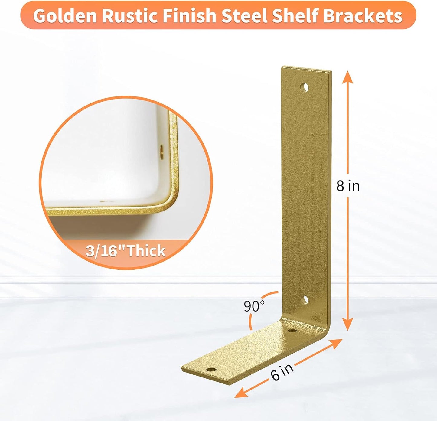 Gold Heavy Duty Shelf Brackets 8 Inch, Extra Thick L Shelving Brackets, Rustic Gold Iron Floating Shelves Wall Mounted with Hardware for DIY Open Shelving, 4 Pack