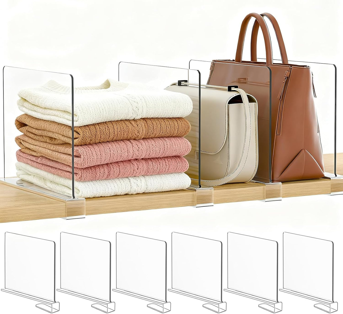 Purse Organizer for Closet Shelf Dividers: 6-Pack Adjustable Clear Acrylic Bag Storage Organizer for Handbags, Sweaters, Towels, Jeans and Shoes on Wood Shelves