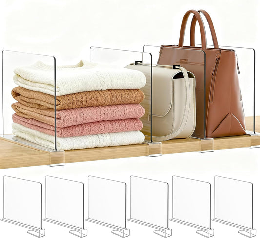 Purse Organizer for Closet Shelf Dividers: 6-Pack Adjustable Clear Acrylic Bag Storage Organizer for Handbags, Sweaters, Towels, Jeans and Shoes on Wood Shelves