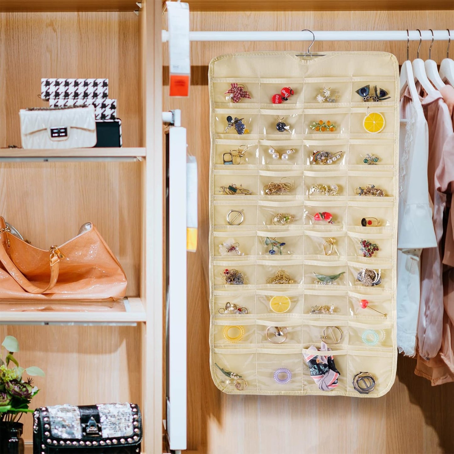 Bloss Hanging Jewelry Organizer 80 Pockets Hanging Double-Side Jewel Hanger For Jewelry Earring Storage, Jewelry Organizers and Storage for Wall, Door, Travel-Beige