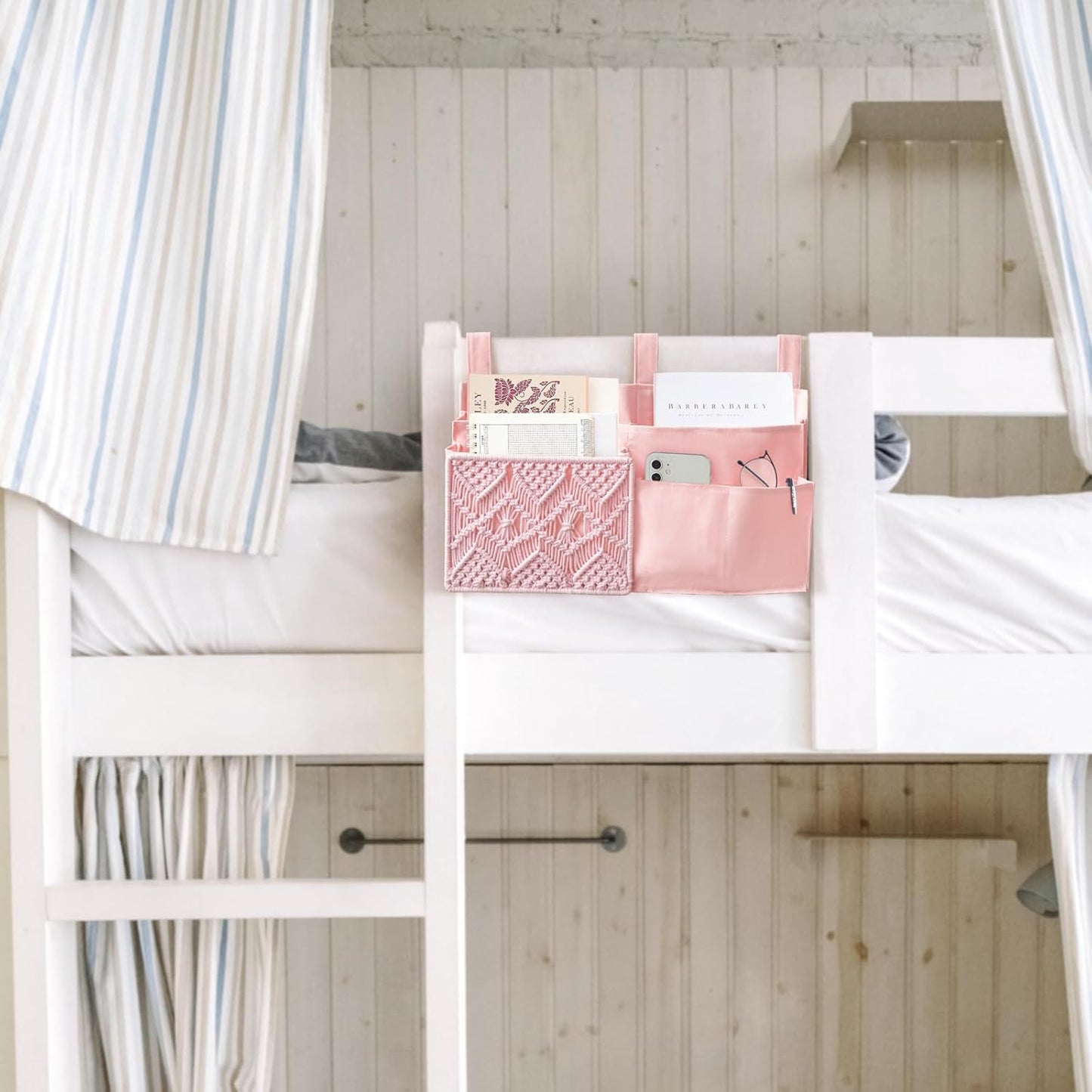 Mkono Bedside Caddy Hanging Organizer, Bunk Woven 7 Pockets Bed Storage Bag Boho Remote Magazine Books Holder with Macrame for Loft Bed College Dorm Bedroom Baby Bed Rails, Pink