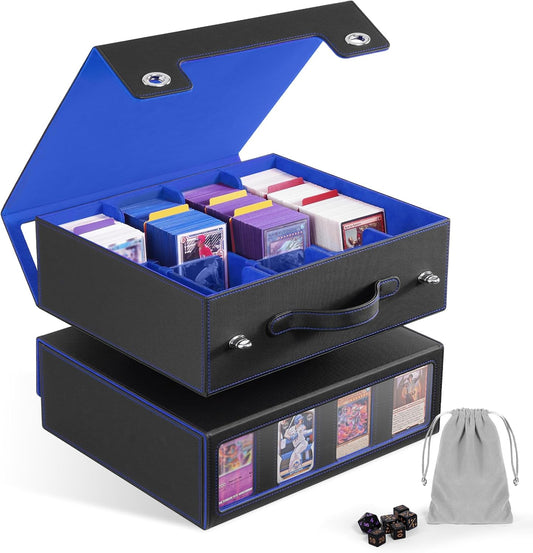 ZLCA MTG Storage Box 4-Row with Handle, MTG Deck Box Holds 3000+ Trading Cards with Portable Handle Dice Tray, Commander Storage Card Case for Top Loaders TCG PTCG Sport Card(Black&Blue)