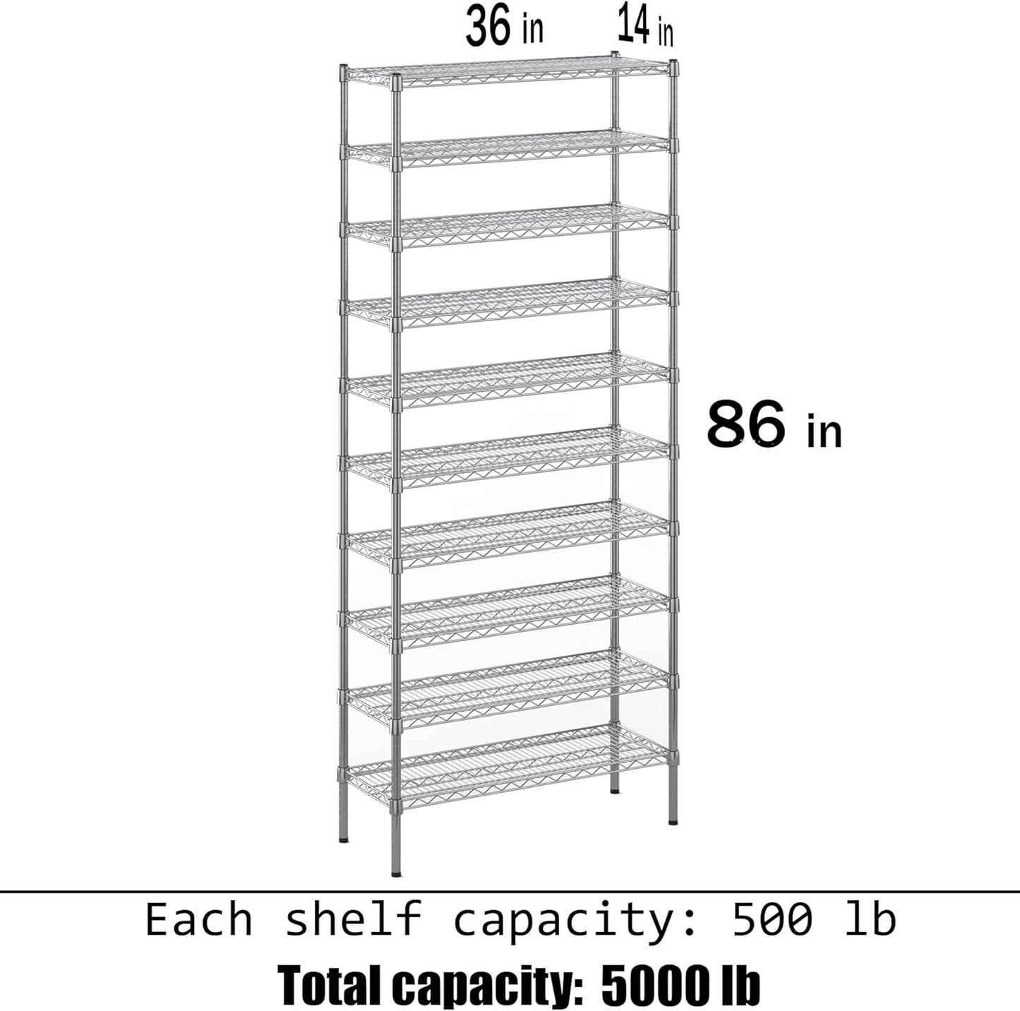 14" Deep x 36" Wide x 86" Height Wire Shelving Kit | 10-Tier | NSF Commercial Storage Rack Unit