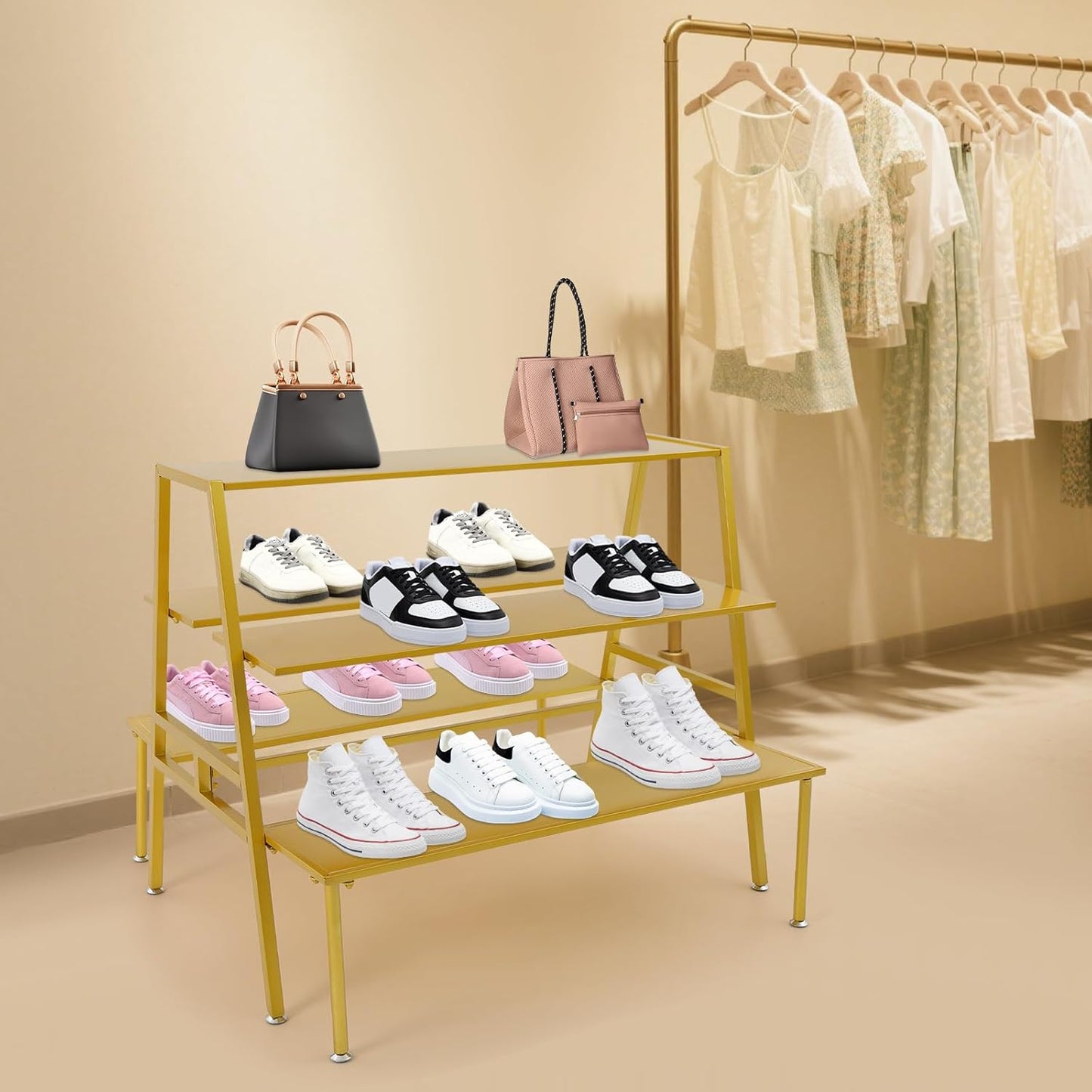 Nesting Tables for Retail Display, 3 Tier Metal Shoe Handbag Display Stand, Modern Retail Display Tables for Boutiques, Floor Standing Double Side Display Riser Shelf for Clothing Stores (Gold)