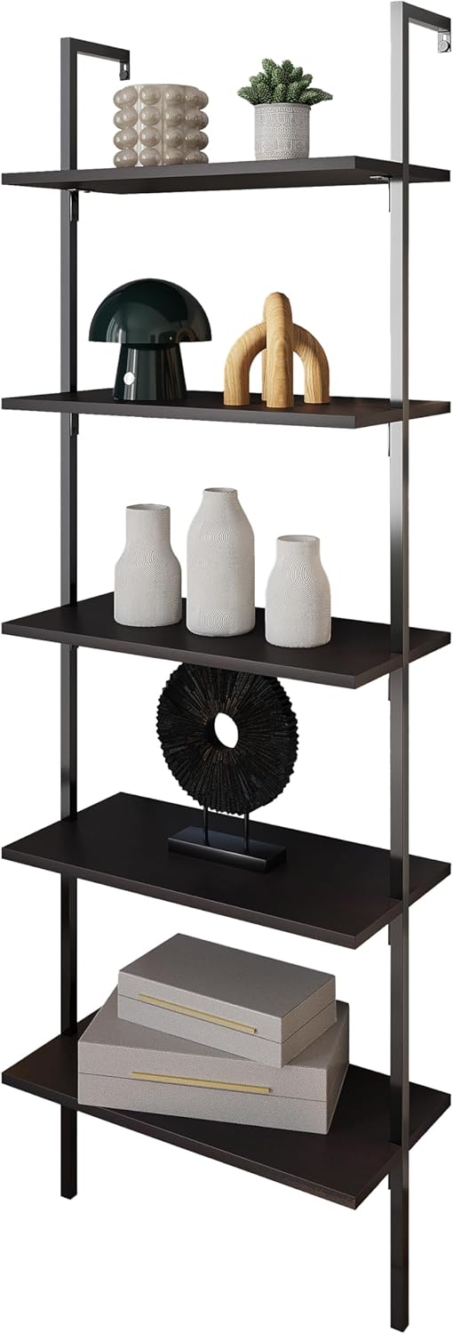 happimess MSH1001A Madera 72.05" Classic Industrial 5-Shelf Wood Wall-Mounted Open Ladder Bookcase with Metal Frame, Black