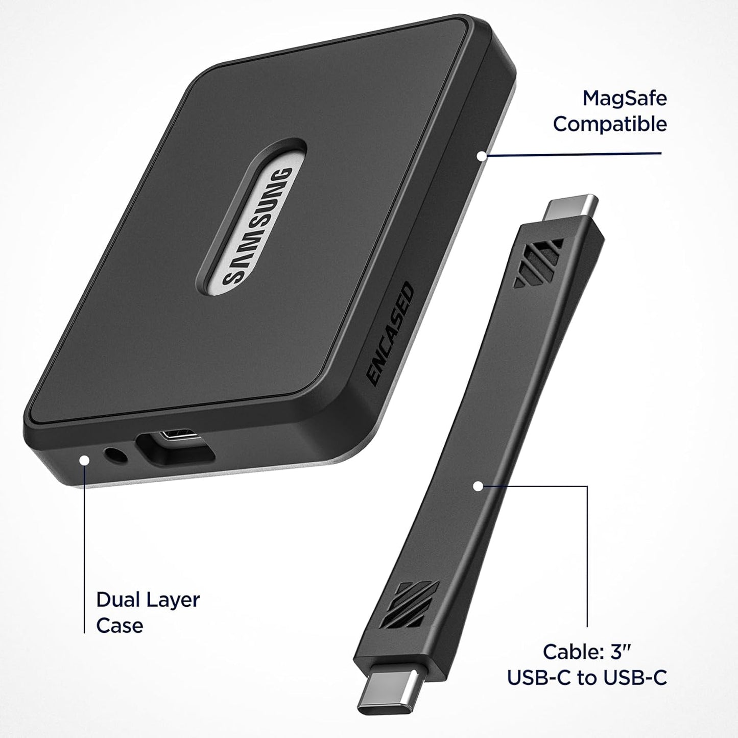 Encased Magnetic Case for Samsung T7 Portable SSD (Fits 1TB/2TB/4TB Capacity) with High Speed (10Gbps) Data Transfer Cable - Compatible with MagSafe (Black)