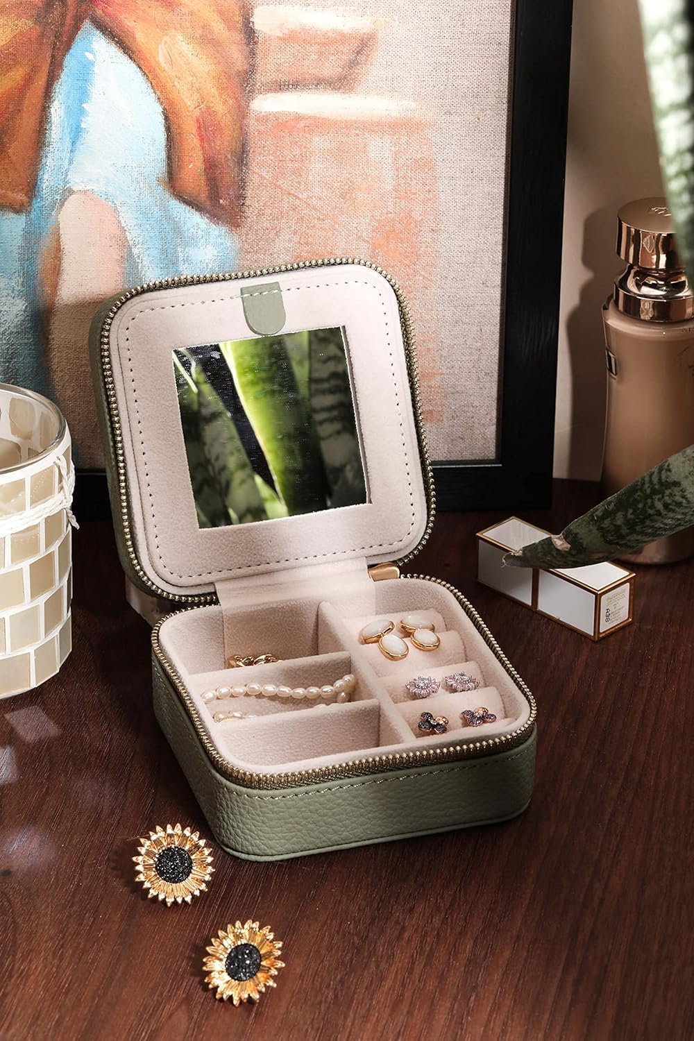 S.Leaf Travel Jewelry Organizer Boxes for Women Small Portable Necklace Earrings Bracelet Rings Travel Case Best Friend Birthday Gifts for Women Trendy (03_Lychee_Heart)